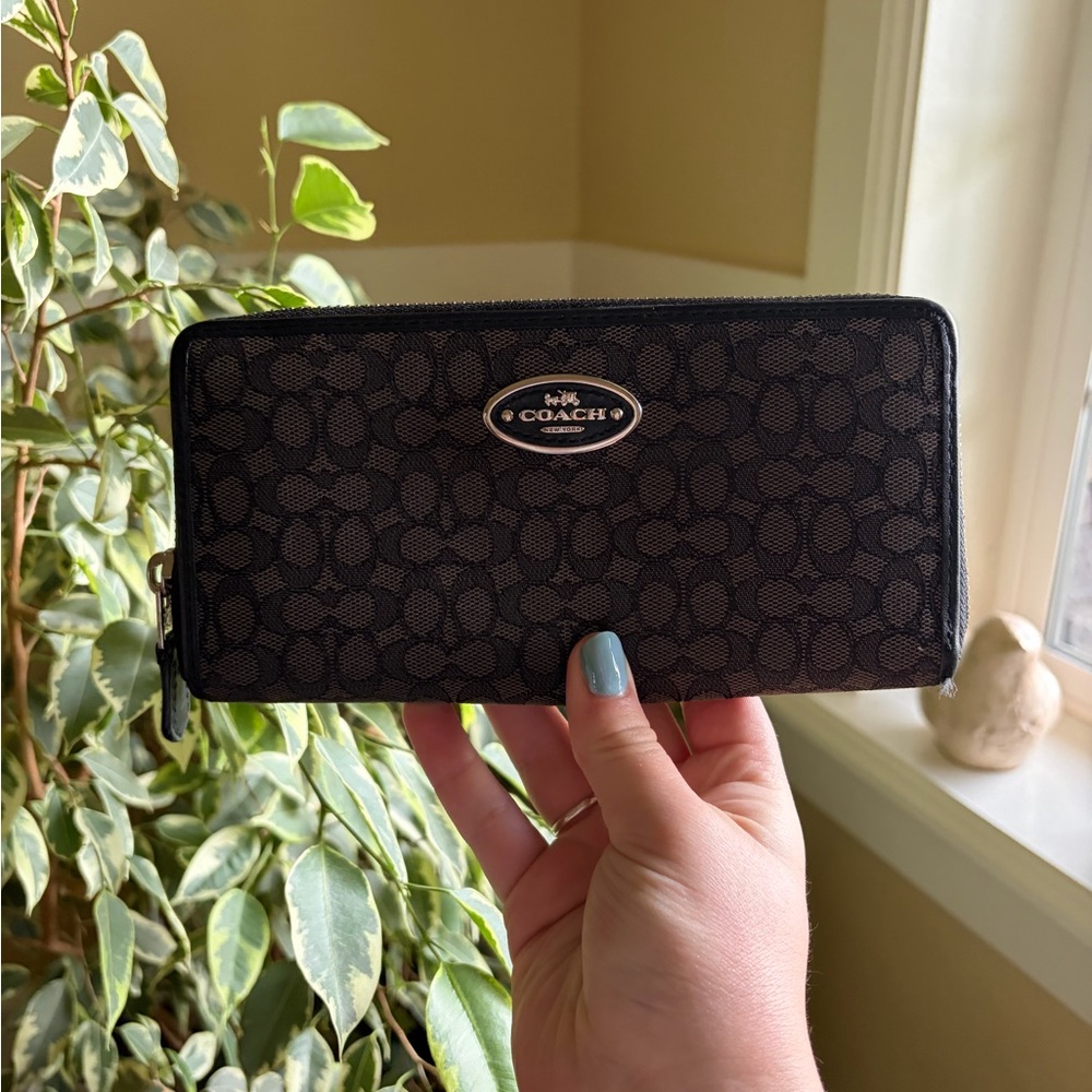 Coach Black Signature Zip Wallet with Brown Monogram